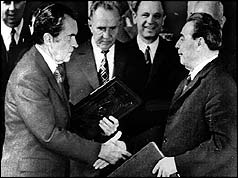 President Richard M. Nixon shakes hands with Communist Party leader Leonid Brezhnev on 29 May 1972