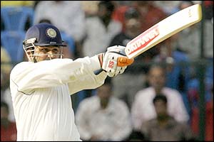 India's Virender Sehwag plays a hook shot
