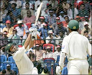 Pakistan's Shahid Afridi hits a six