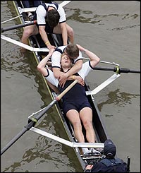 Andrew Triggs Hodge of Oxford lies back in exhaustion