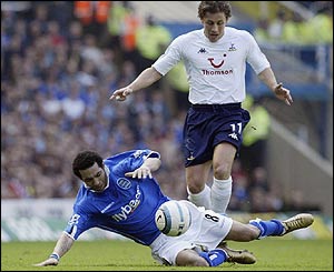 Jermaine Pennant is tackled by Tottenham's Michael Brown 