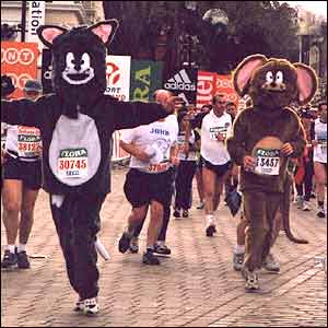 Tom Taylor and his friend James Bairstow in action in the London Marathon