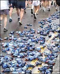 Discarded energy drinks during the London Marathon