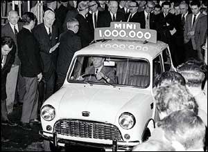 February 1965: Mini designer Alec Issigonis drives the 1,000,000th Mini off the production line at Longbridge