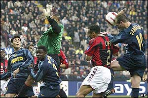 Esteban Cambiasso heads the ball for Inter Milan