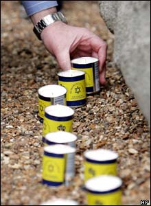 Candles are laid to Belsen victims in London's Hyde Park.