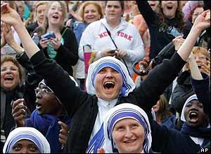 Nuns and other pilgrims celebrate in St Peter's Square