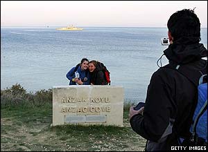 Tourists pose for photo at Anzac Cove