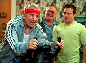 Sir Norman Wisdom as Ernie Crab with Jack Duckworth (Bill Tarmey) and Tyrone Dobbs (Alan Halsall)
