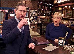 The Prince of Wales enjoys a scotch with Coronation Street landlady Natalie Barnes, played by Denise Welch in the Rovers Return pub