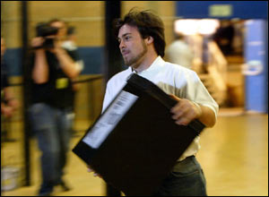 A ballot box is rushed into the Sunderland South count