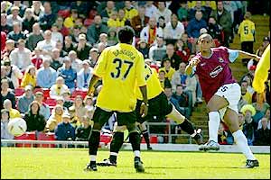 Anton Ferdinand (right) puts West Ham in with a chance of the play-offs with a 43rd-minute goal