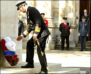 Prince Charles lays a wreath at the Cenotaph in London during commemorations.