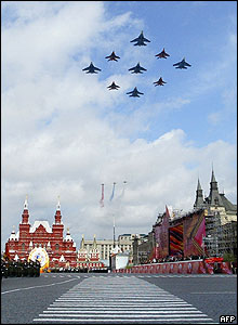 Russian military jets fly over Red Square in Moscow during the parade