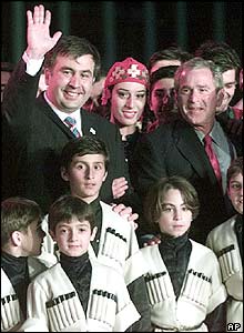 Georgian President Mikhail Saakashvili, left, and US President George Bush, right