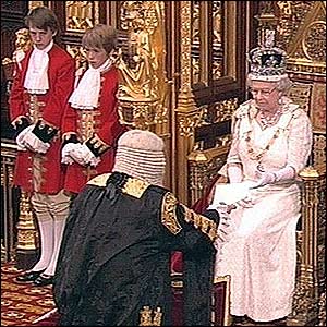 The Lord Chancellor kneels before the Queen