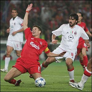 Steven Gerrard is fouled by Gattuso