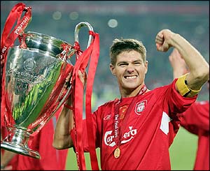 Liverpool captain Steven Gerrard holds the Champions League trophy aloft