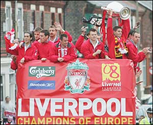 Liverpool's players on the parade bus