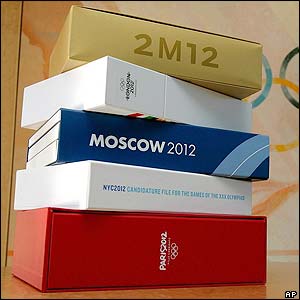 The candidate files of Madrid, London, Moscow, New York and Paris at the IOC's headquarters in Lausanne