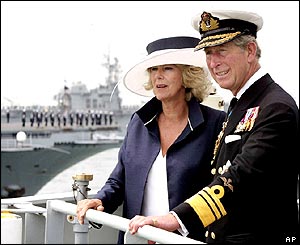 Prince Charles and the Duchess of Cornwall aboard the survey ship HMS Scott
