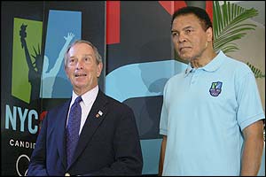 The 63-year-old boxing legend is introduced to the world's press by New York mayor Michael Bloomberg