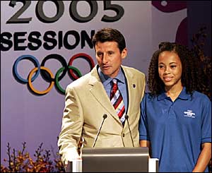 Lord Coe is joined on stage by Amber Charles during his speech