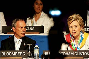 New York mayor Michael Bloomberg (left) and U.S. Senator Hillary Clinton 