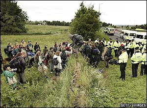 Protesters are prevented from crossing the A9