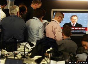 Journalists watch Tony Blair's announcement