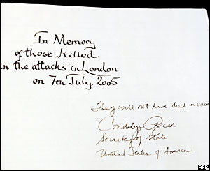 Condoleezza Rice's message in the book of condolence for victims of the London bombings
