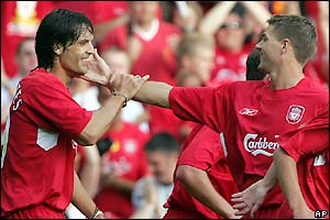 Steven Gerrard (right) celebrates his goal with Fernando Morientes
