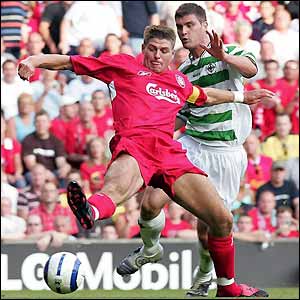 Steven Gerrard holds off Michael Jackson as he goes close to scoring his second