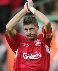 Gerrard celebrates his second goal with the Anfield crowd
