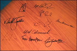 Autographed table in the St Andrews press centre