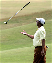 Jose Maria Olazabal reacts after missing a putt
