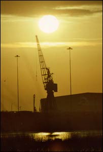 Sunrise over one of the Cardiff Docks cranes, as captured by Scott Allott