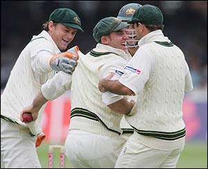 Matthew Hayden celebrates claiming a catch to remove Matthew Hoggard