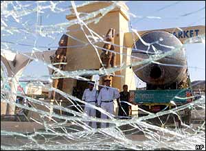 Old market seen through broken windscreen