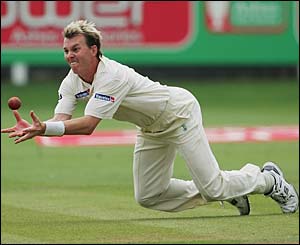 Brett Lee takes a spectacular full-length diving catch