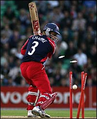 Glen Chapple is bowled by Richard Johnson