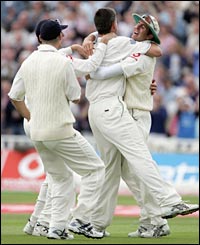 England celebrate the wicket of Ricky Ponting