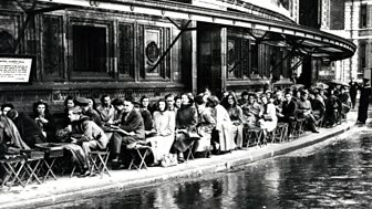Promenaders queue outside the Royal Albert Hall in 1945