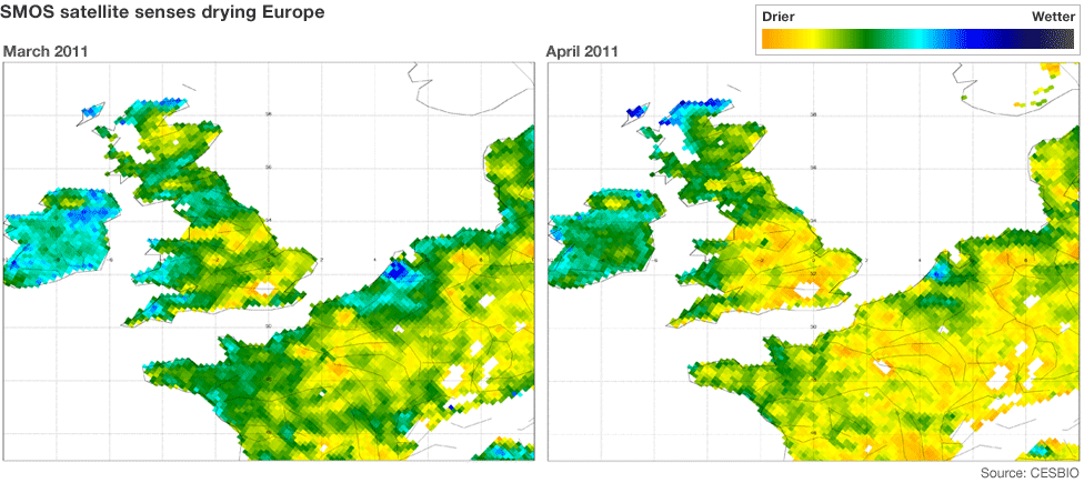 SMOS satellite images showing europe drying out between March and April 2011