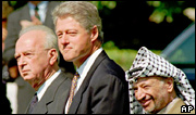Israeli Prime Minister Yitzhak Rabin and PLO chairman Yasser Arafat with US President Bill Clinton at the signing of the 1993 peace agreement