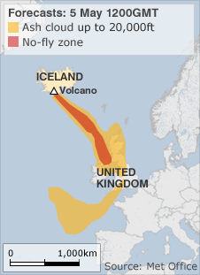 Map of UK showing ash cloud 