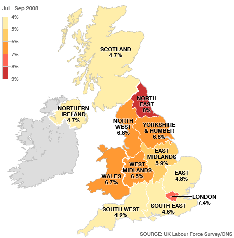 Unemployment in the UK from July to September 2008