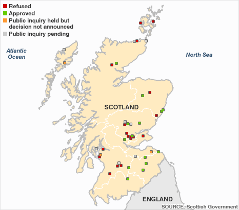 Map of Scotland showing applications for windfarms