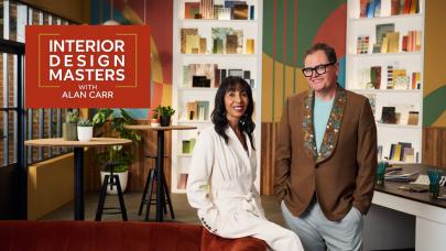 Michelle Ogundehin and Alan Carr beside Interior Design Masters logo 