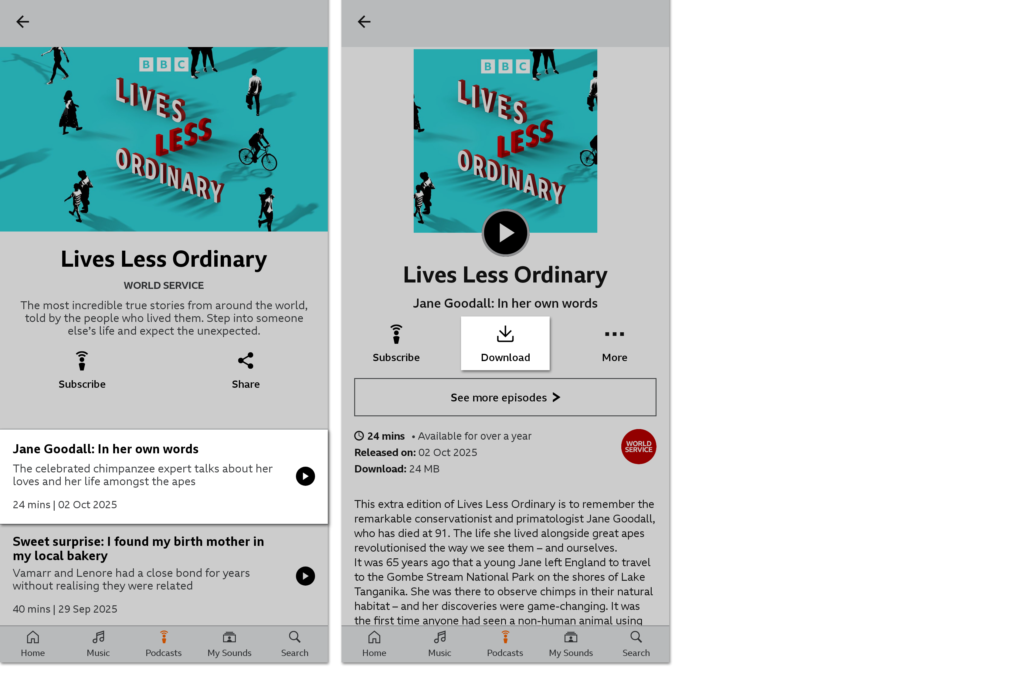 Two images from the BBC Sounds app. The first is of a programme page with an episode highlighted. The second shows that episode with the 'download' icon highlighted